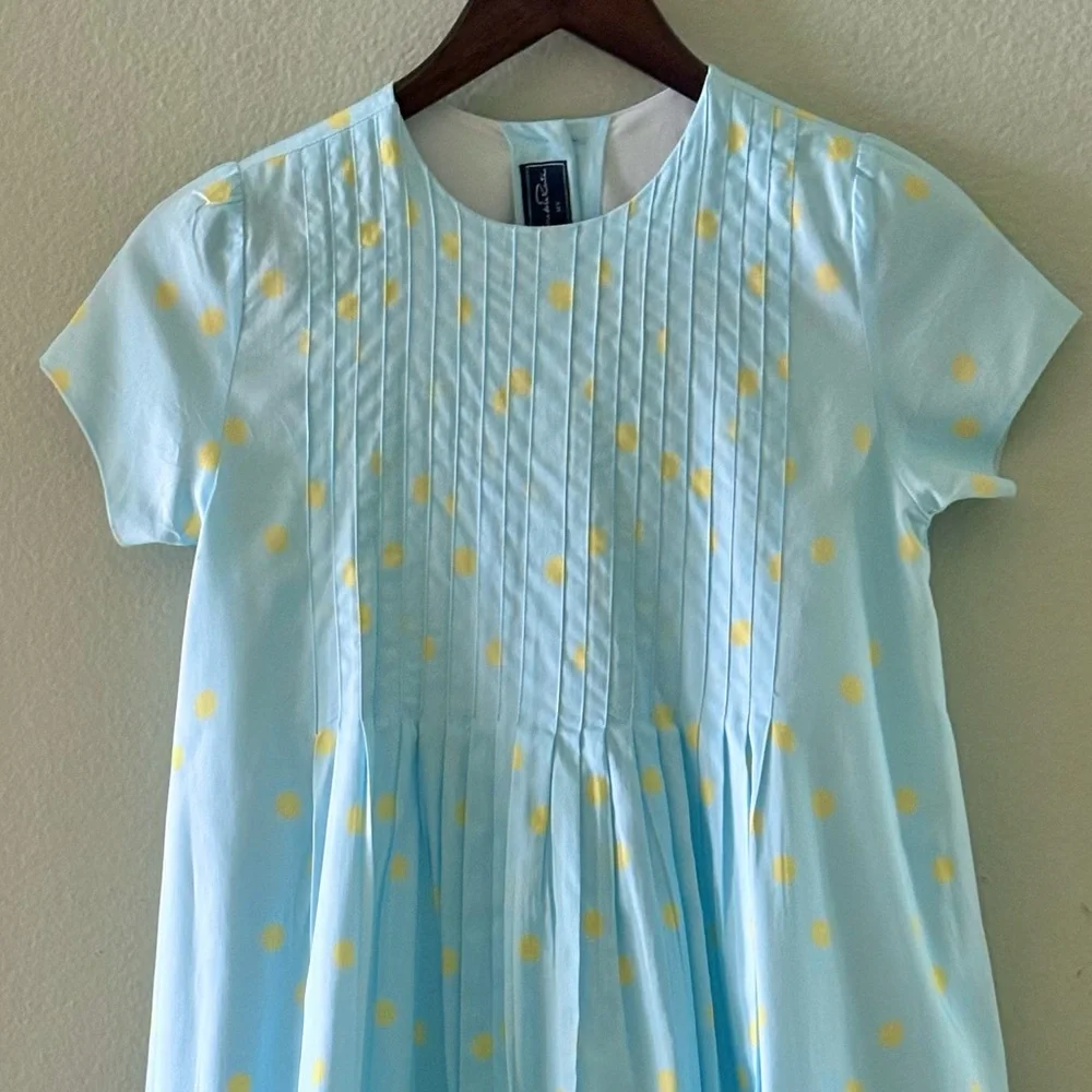 OSCAR DE LA RENTA Cotton Short Sleeve Polka Dot Dress | Blue & Yellow | 14Y